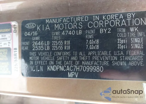 2017 Kia Sportage Ex из США, поврежденный, VIN KNDPNCAC7H7099980